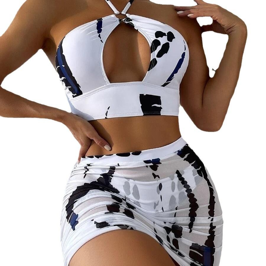 Custom  3 piece bikini set sexy bathing suit with beach cover up skirt Swimwear    Cover Ups