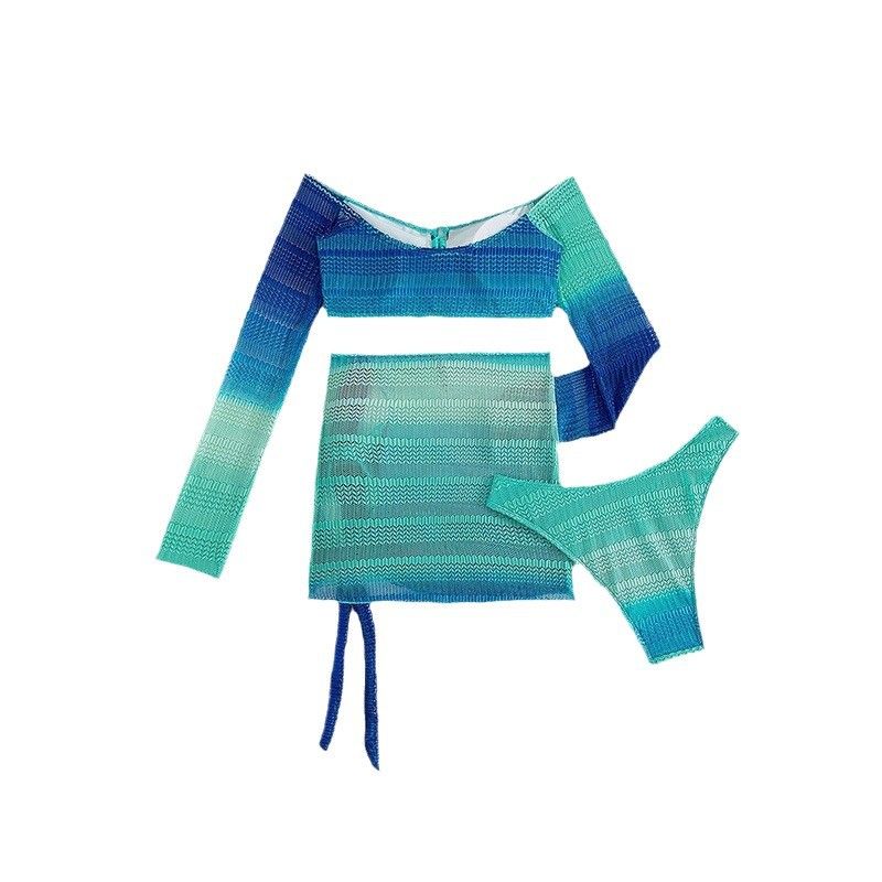 Bandeau Top Women 3Pieces Swimwear Long Sleeve Crop Top Knitted Skirt Brazilian Bikini Set Swimwear  Cover Ups