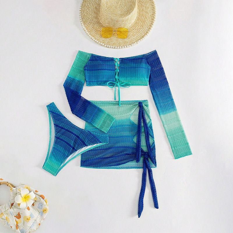 Bandeau Top Women 3Pieces Swimwear Long Sleeve Crop Top Knitted Skirt Brazilian Bikini Set Swimwear  Cover Ups