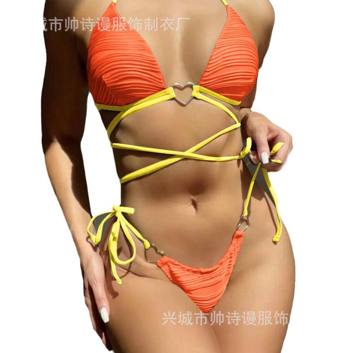Hight Quality Split Body Hanging Neck Solid Color Sexy Bikini Custom Logo Swimwear Drawstring Halter Backless Mini Swimsuit Swimwear Cover Ups