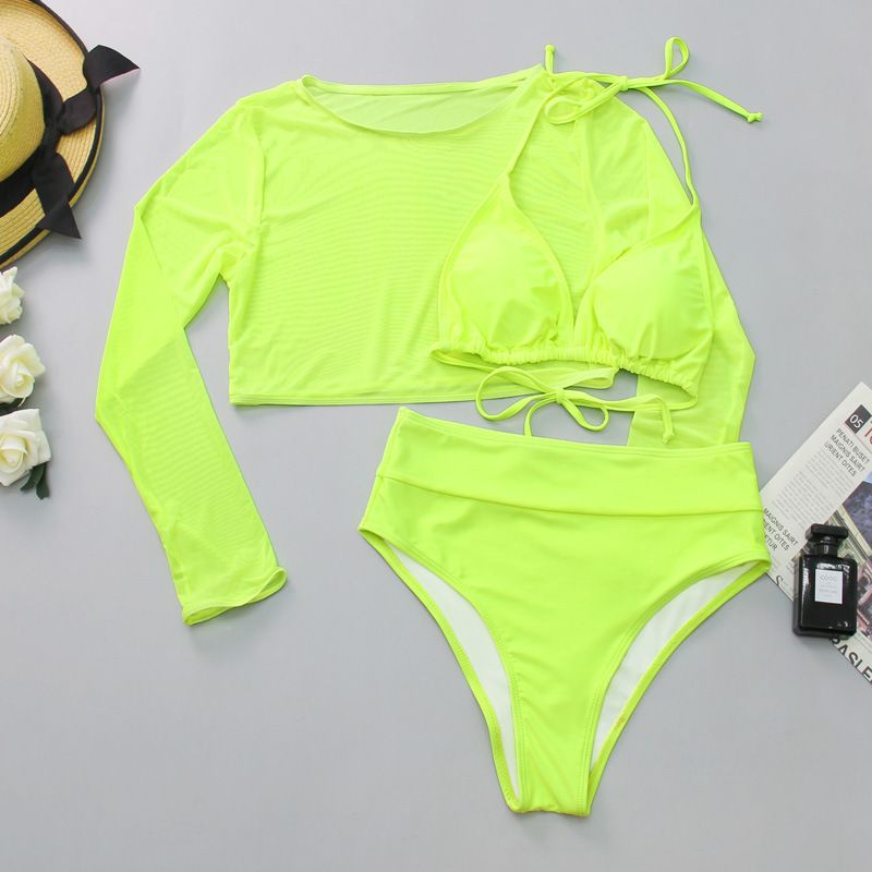 Printed Leopard Color Mesh Long Sleeve Sun Protection T-Shirt High Waist Three-piece Bikini Swimwear  Cover Ups