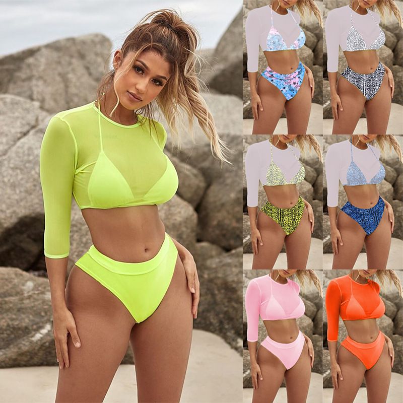Printed Leopard Color Mesh Long Sleeve Sun Protection T-Shirt High Waist Three-piece Bikini Swimwear  Cover Ups