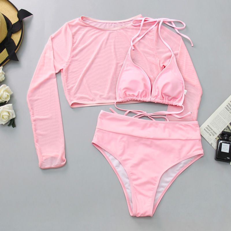 Printed Leopard Color Mesh Long Sleeve Sun Protection T-Shirt High Waist Three-piece Bikini Swimwear  Cover Ups
