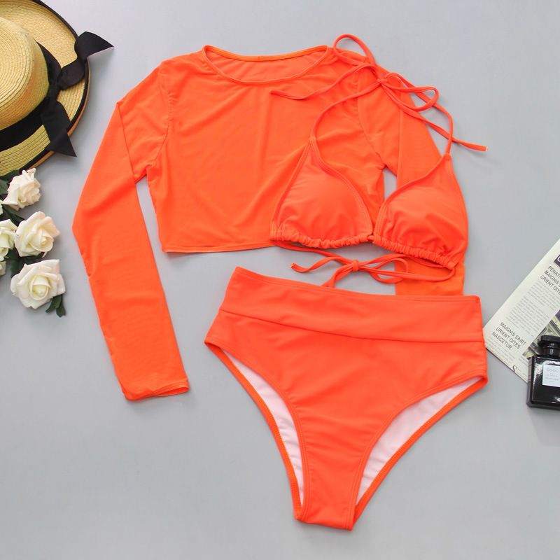 Printed Leopard Color Mesh Long Sleeve Sun Protection T-Shirt High Waist Three-piece Bikini Swimwear  Cover Ups