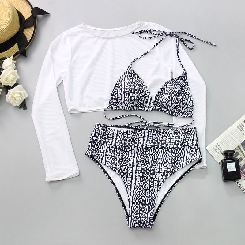 Printed Leopard Color Mesh Long Sleeve Sun Protection T-Shirt High Waist Three-piece Bikini Swimwear  Cover Ups