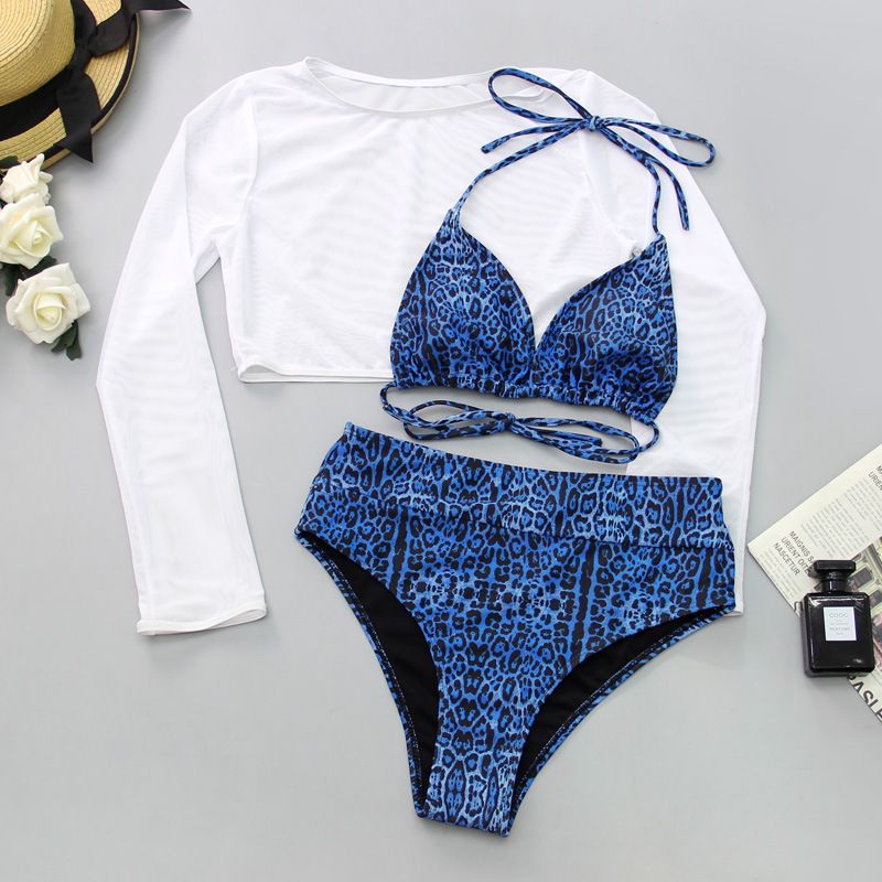 Printed Leopard Color Mesh Long Sleeve Sun Protection T-Shirt High Waist Three-piece Bikini Swimwear  Cover Ups