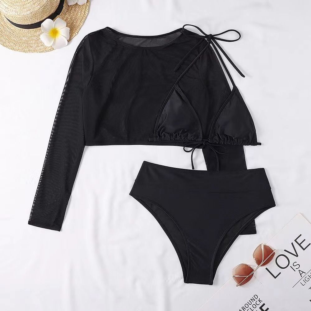Printed Leopard Color Mesh Long Sleeve Sun Protection T-Shirt High Waist Three-piece Bikini Swimwear  Cover Ups