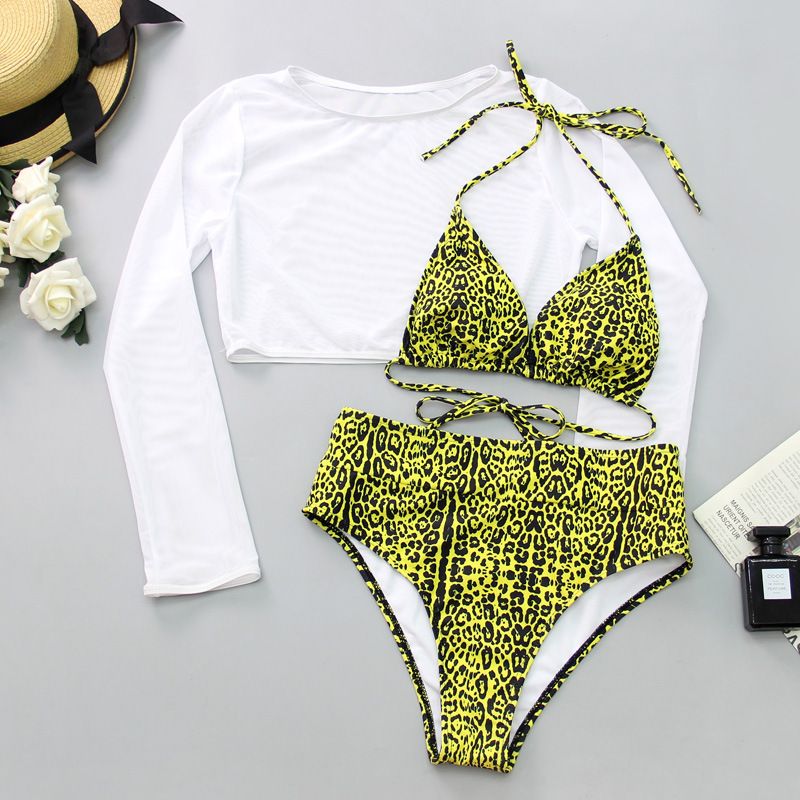Printed Leopard Color Mesh Long Sleeve Sun Protection T-Shirt High Waist Three-piece Bikini Swimwear  Cover Ups