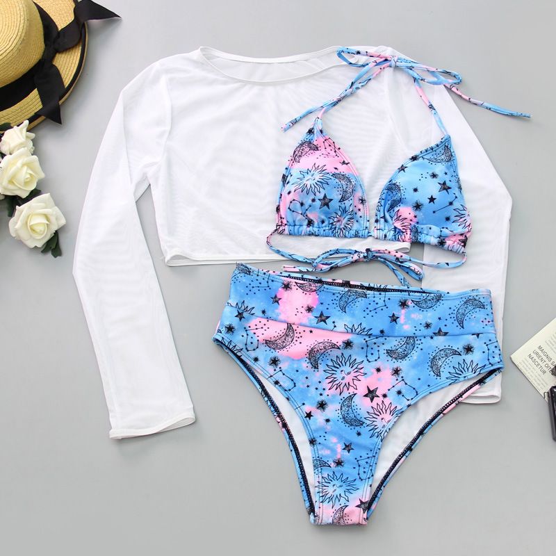 Printed Leopard Color Mesh Long Sleeve Sun Protection T-Shirt High Waist Three-piece Bikini Swimwear  Cover Ups