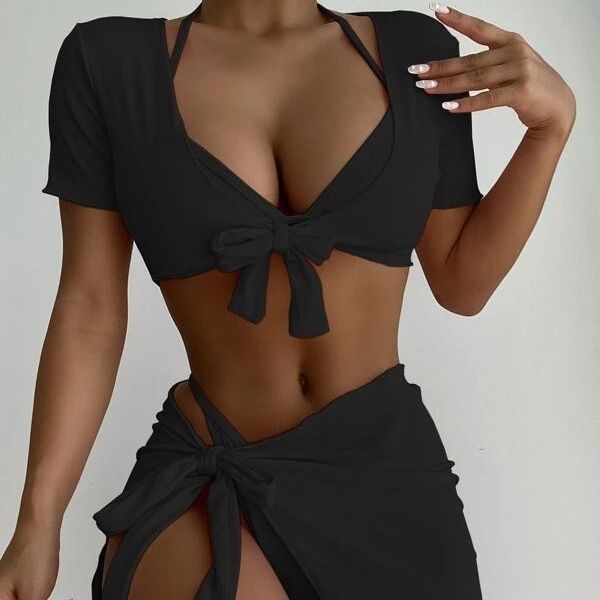 Newest style European Brazilian style Solid knit rib Fashion Bikini With Cover Up  Swimwear  Cover Ups
