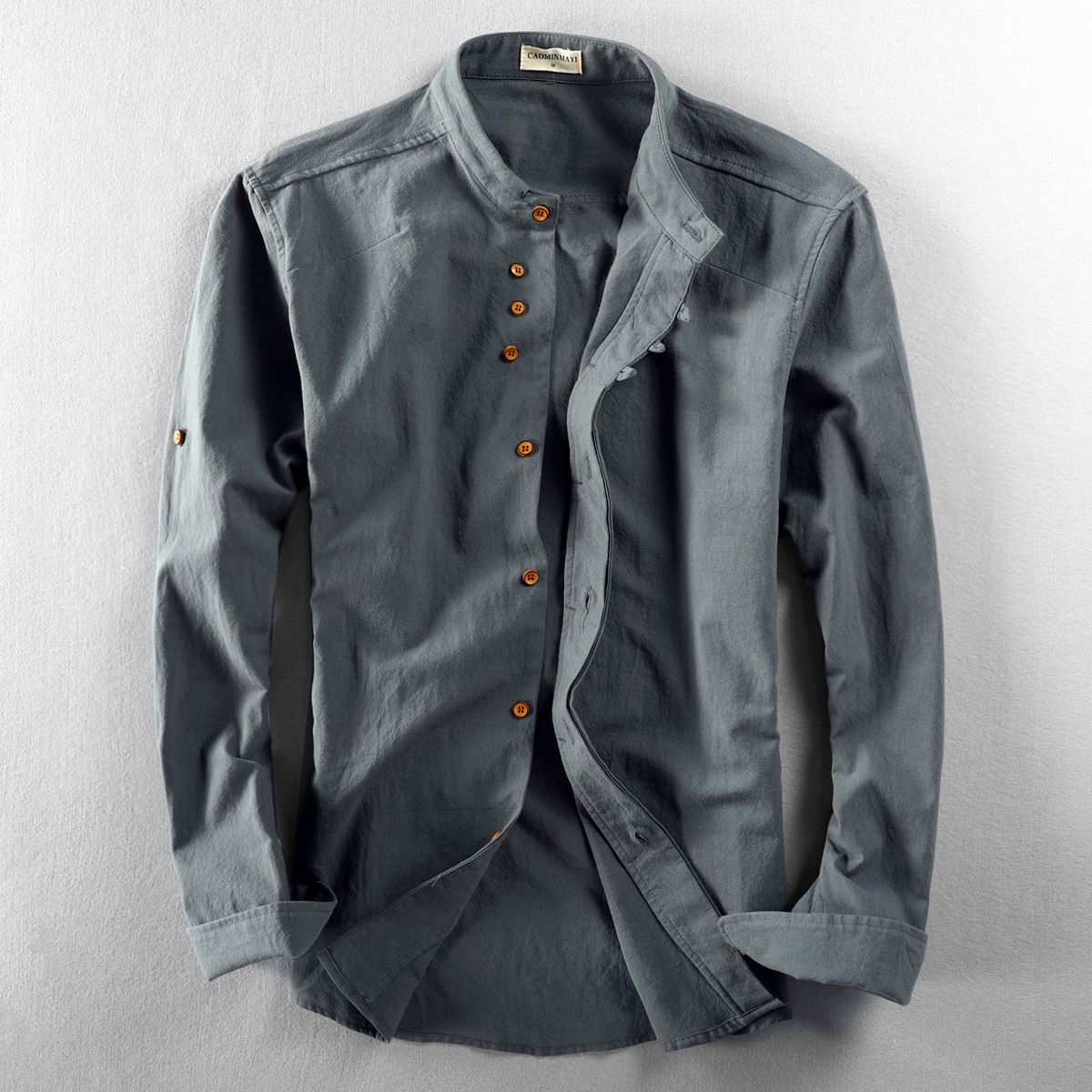 New Trends Spring Autumn Long Sleeve T-Shirt Clothes For Mandarin Collar Chinese Style Slim Casual Linen Men Shirt