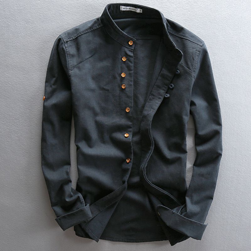 New Trends Spring Autumn Long Sleeve T-Shirt Clothes For Mandarin Collar Chinese Style Slim Casual Linen Men Shirt