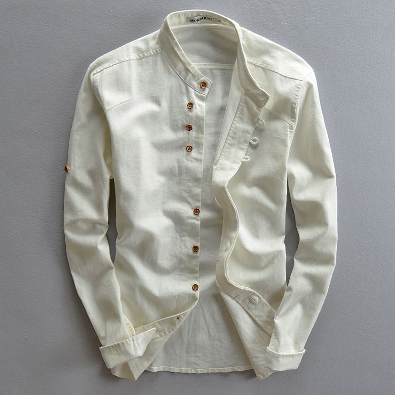 New Trends Spring Autumn Long Sleeve T-Shirt Clothes For Mandarin Collar Chinese Style Slim Casual Linen Men Shirt