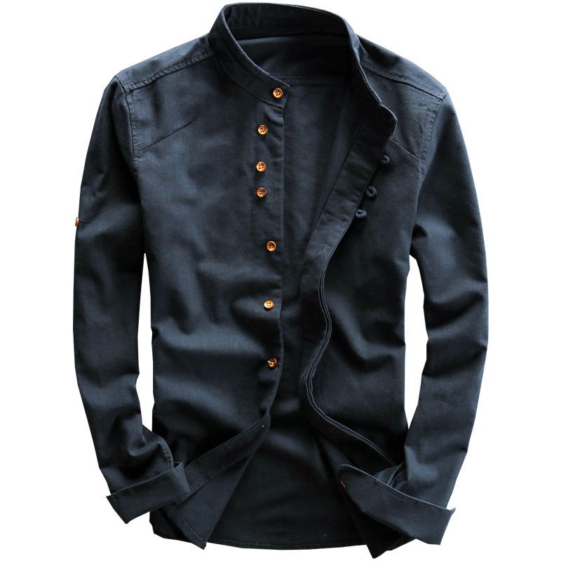 New Trends Spring Autumn Long Sleeve T-Shirt Clothes For Mandarin Collar Chinese Style Slim Casual Linen Men Shirt