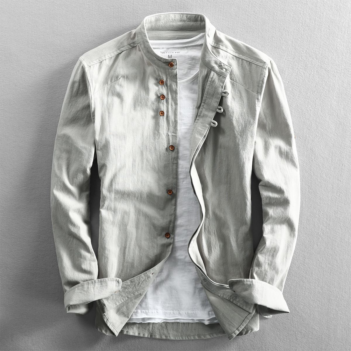 New Trends Spring Autumn Long Sleeve T-Shirt Clothes For Mandarin Collar Chinese Style Slim Casual Linen Men Shirt