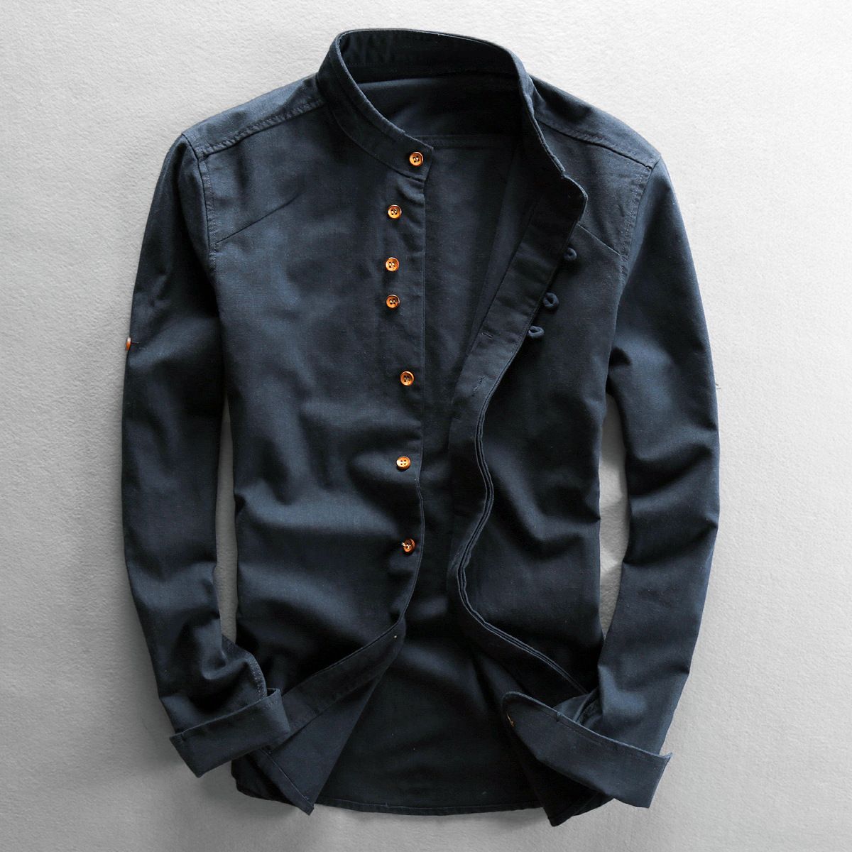 New Trends Spring Autumn Long Sleeve T-Shirt Clothes For Mandarin Collar Chinese Style Slim Casual Linen Men Shirt
