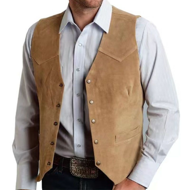 Men's Suede Leather Vest Vintage Cowboy Style Sleeveless Jacket Slim Fit Wedding Waistcoats