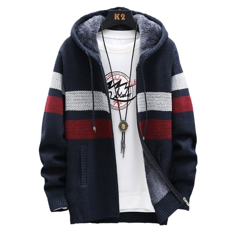 Autumn winter new fund men's recreational contracted knitting coat pure color loose add cashmere hooded cardigan Coats