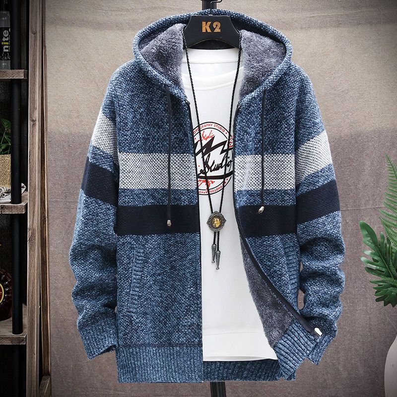 Autumn winter new fund men's recreational contracted knitting coat pure color loose add cashmere hooded cardigan Coats