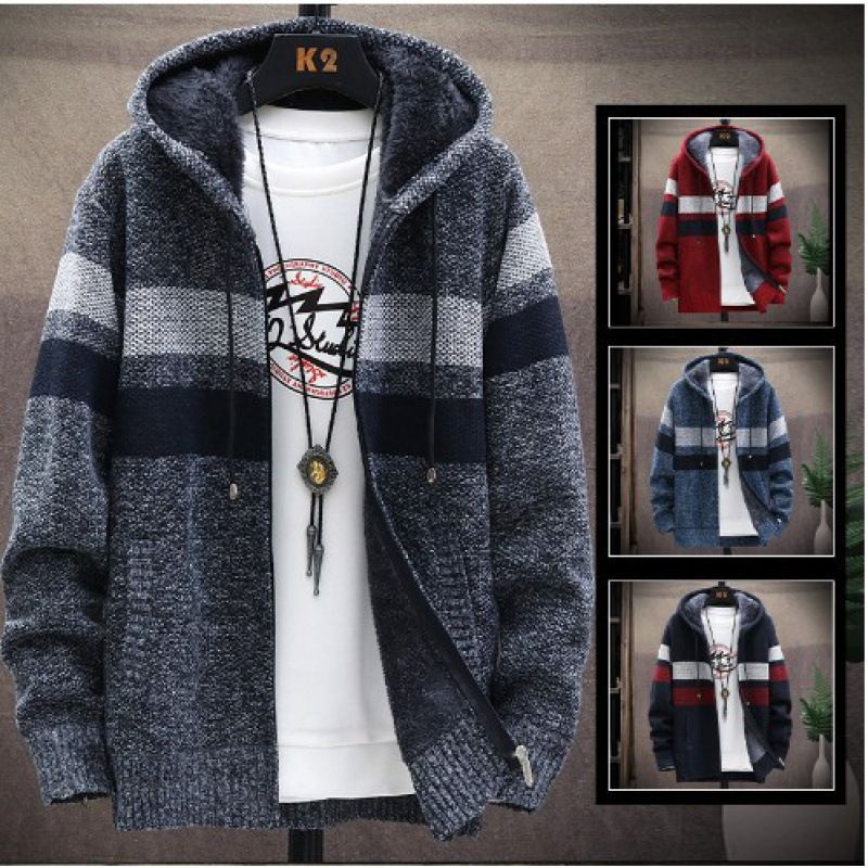 Autumn winter new fund men's recreational contracted knitting coat pure color loose add cashmere hooded cardigan Coats