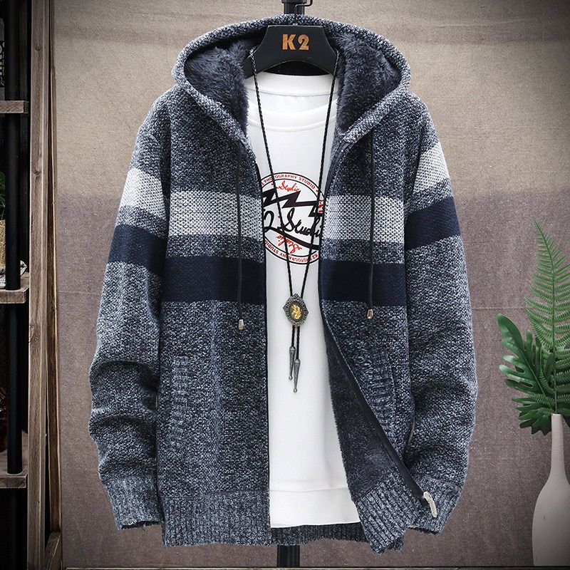 Autumn winter new fund men's recreational contracted knitting coat pure color loose add cashmere hooded cardigan Coats