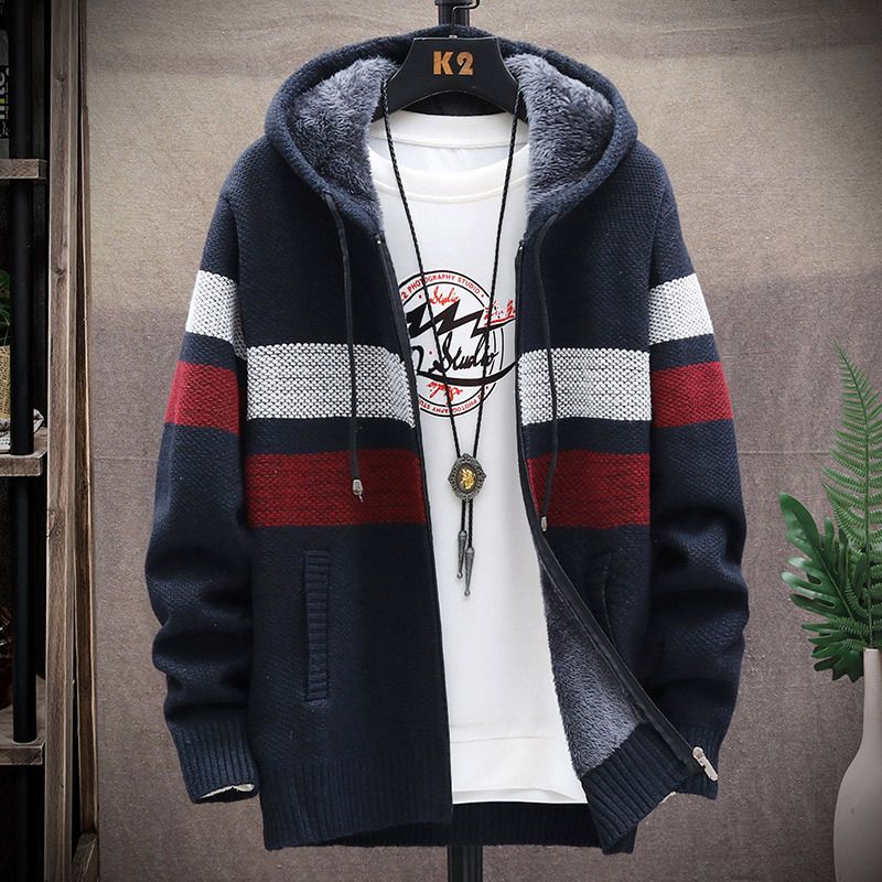 Autumn winter new fund men's recreational contracted knitting coat pure color loose add cashmere hooded cardigan Coats