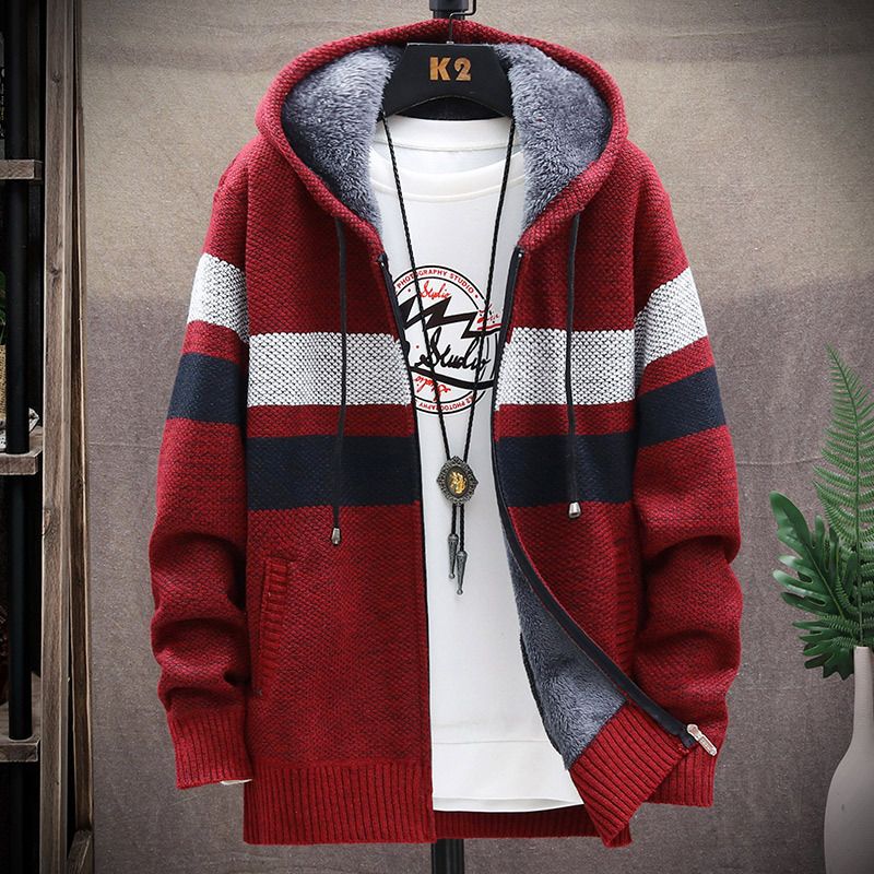 Autumn winter new fund men's recreational contracted knitting coat pure color loose add cashmere hooded cardigan Coats