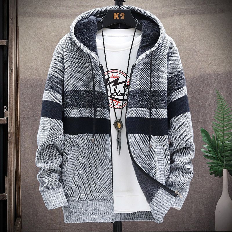 Autumn winter new fund men's recreational contracted knitting coat pure color loose add cashmere hooded cardigan Coats