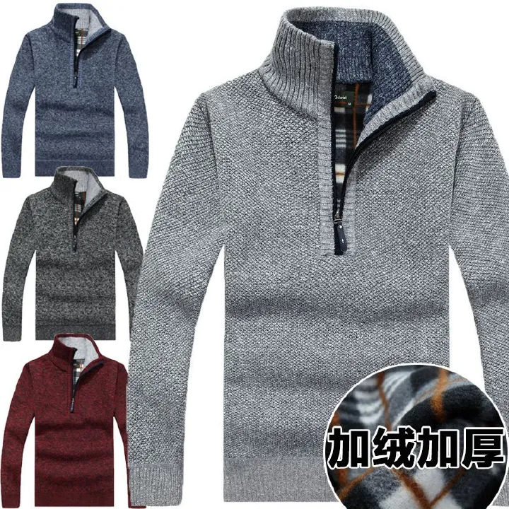 Dynamics Winter New Arrival Thickened Fleece Lined Zip Up Polo Neck Cardigan Knitted Sweater For Men Clothes T-Shirts