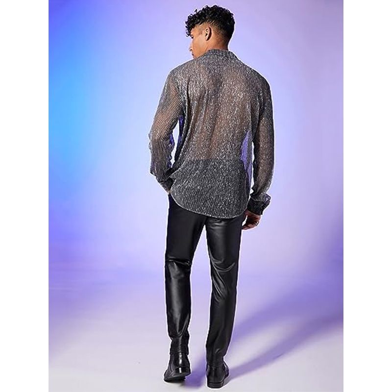 Men's sheer mesh see through glitter button long sleeve shirt for party club tops Men's Clothing   Shirts
