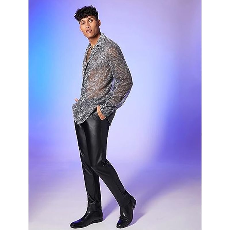 Men's sheer mesh see through glitter button long sleeve shirt for party club tops Men's Clothing   Shirts