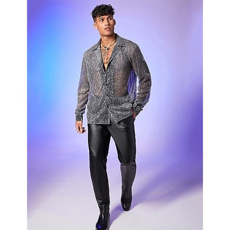 Men's sheer mesh see through glitter button long sleeve shirt for party club tops Men's Clothing   Shirts