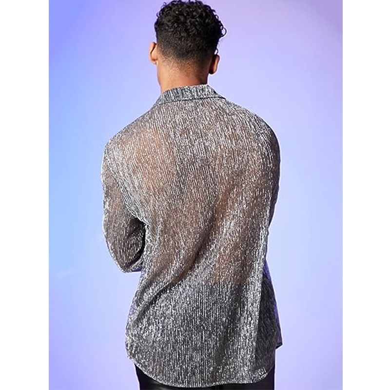 Men's sheer mesh see through glitter button long sleeve shirt for party club tops Men's Clothing   Shirts