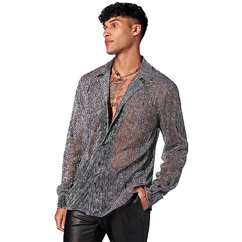 Men's sheer mesh see through glitter button long sleeve shirt for party club tops Men's Clothing   Shirts