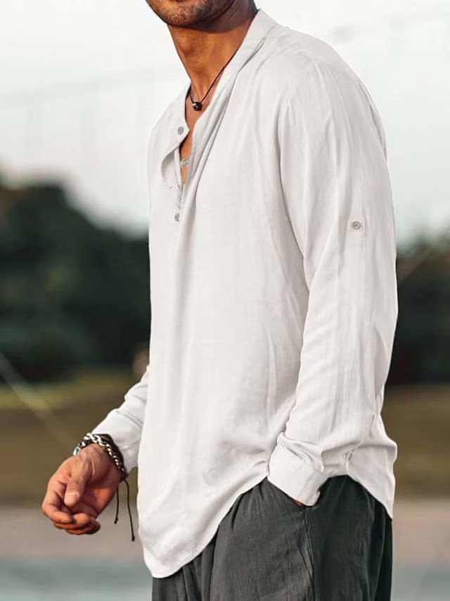 100% Linen Summer Shirt Long Sleeve Black White Shirt Mens Sexy Shirts  Clothes  Men's Clothing >Tops  Shirts