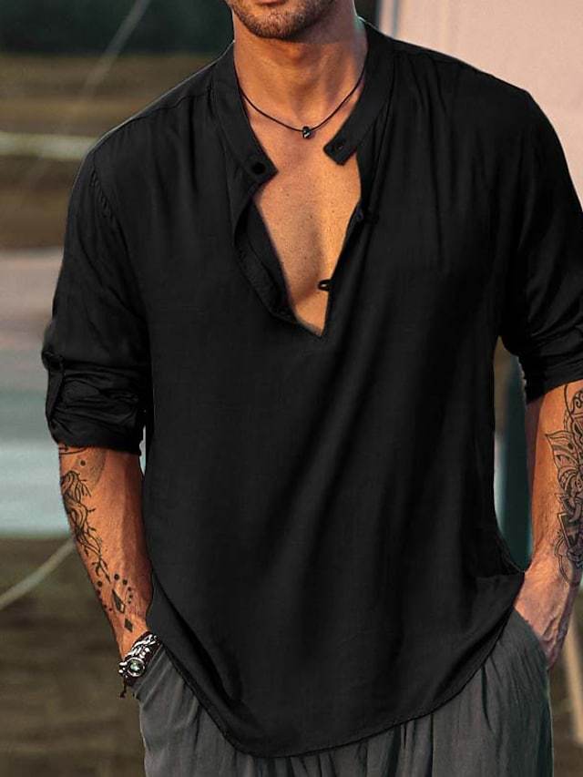 100% Linen Summer Shirt Long Sleeve Black White Shirt Mens Sexy Shirts  Clothes  Men's Clothing >Tops  Shirts