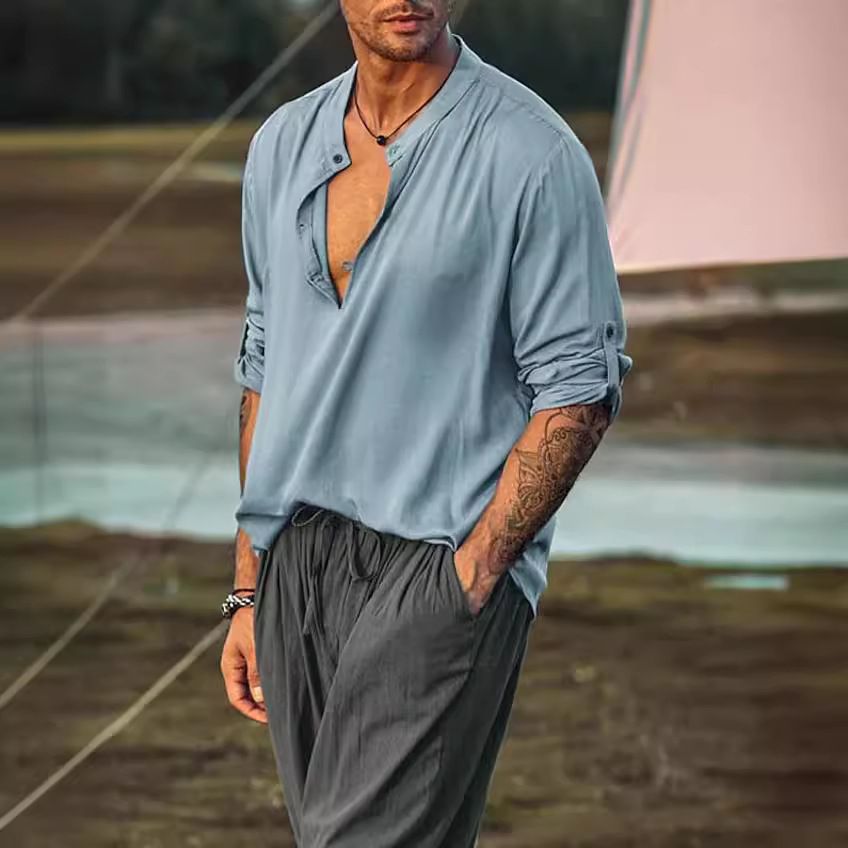 100% Linen Summer Shirt Long Sleeve Black White Shirt Mens Sexy Shirts  Clothes  Men's Clothing >Tops  Shirts