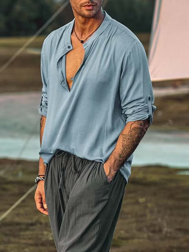 100% Linen Summer Shirt Long Sleeve Black White Shirt Mens Sexy Shirts  Clothes  Men's Clothing >Tops  Shirts