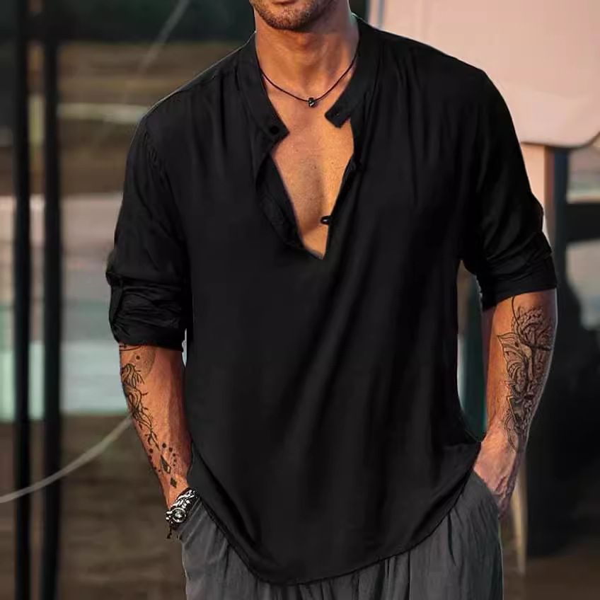 100% Linen Summer Shirt Long Sleeve Black White Shirt Mens Sexy Shirts  Clothes  Men's Clothing >Tops  Shirts