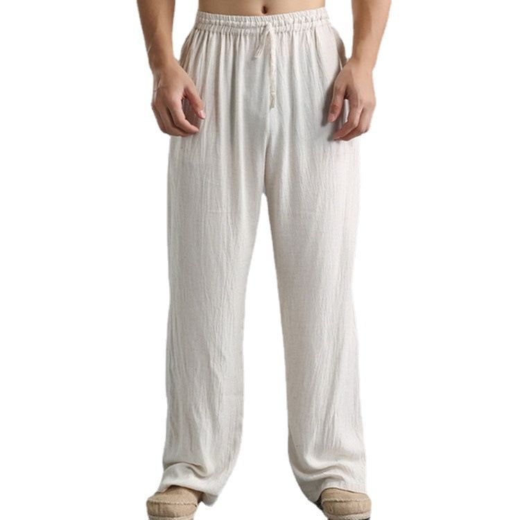 Men Cotton Linen Trousers Solid Color Elastic Waist Loose Long Trousers Men's Hip-hop Breathable Casual Pants