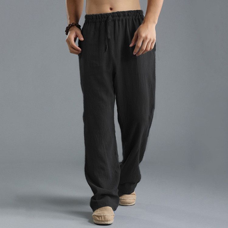 Men Cotton Linen Trousers Solid Color Elastic Waist Loose Long Trousers Men's Hip-hop Breathable Casual Pants