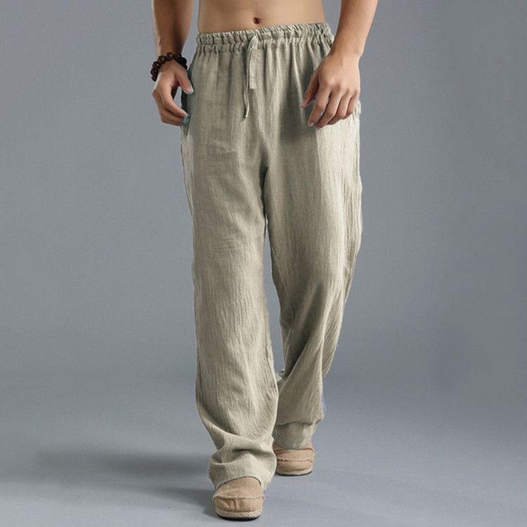 Men Cotton Linen Trousers Solid Color Elastic Waist Loose Long Trousers Men's Hip-hop Breathable Casual Pants