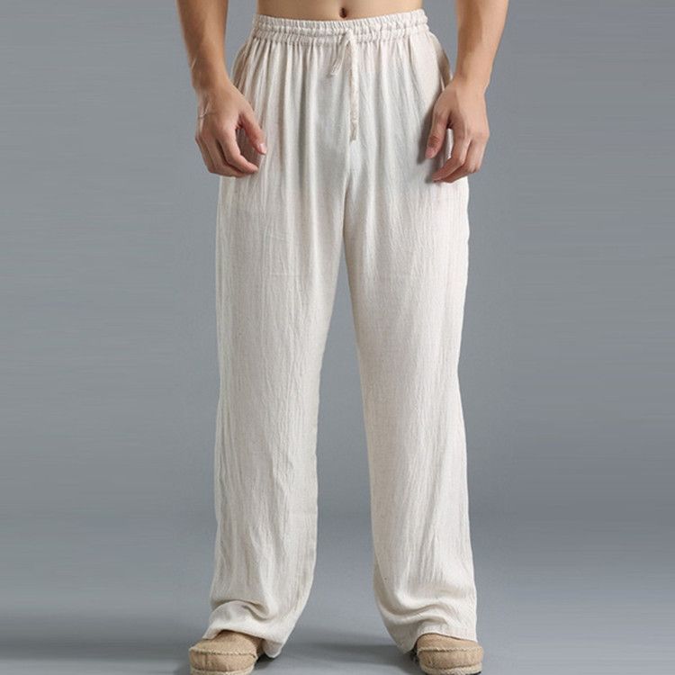 Men Cotton Linen Trousers Solid Color Elastic Waist Loose Long Trousers Men's Hip-hop Breathable Casual Pants
