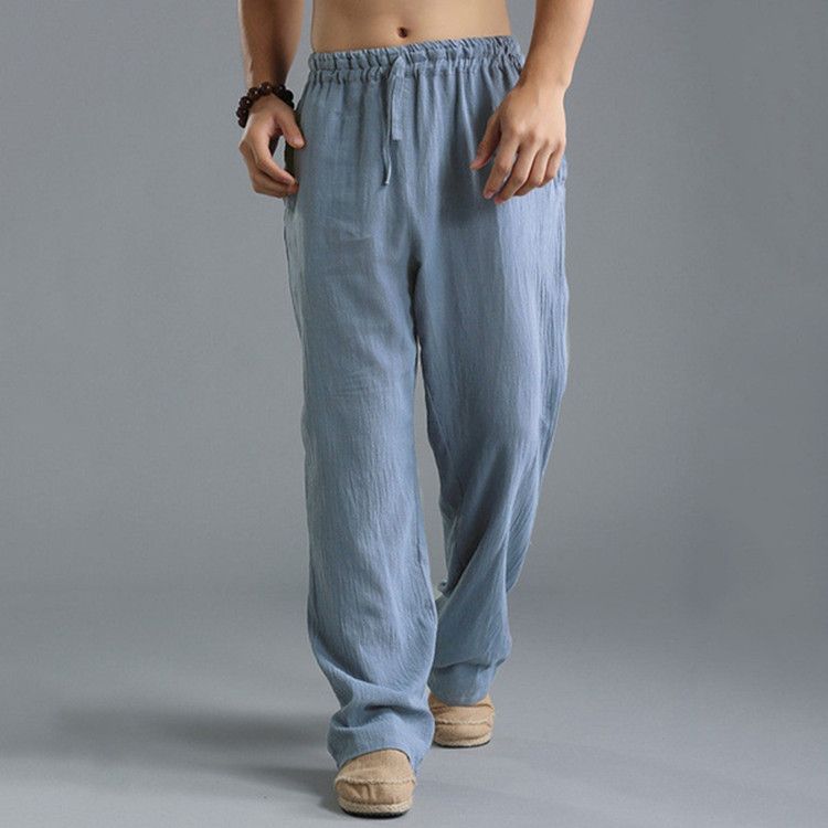 Men Cotton Linen Trousers Solid Color Elastic Waist Loose Long Trousers Men's Hip-hop Breathable Casual Pants
