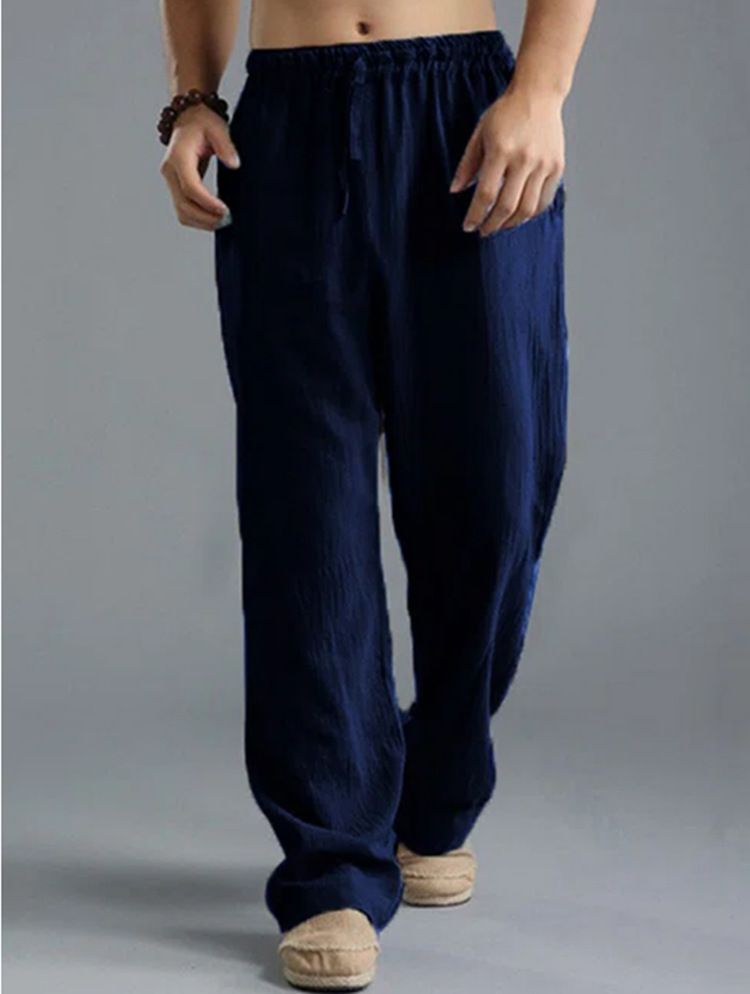 Men Cotton Linen Trousers Solid Color Elastic Waist Loose Long Trousers Men's Hip-hop Breathable Casual Pants