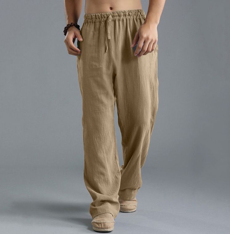 Men Cotton Linen Trousers Solid Color Elastic Waist Loose Long Trousers Men's Hip-hop Breathable Casual Pants