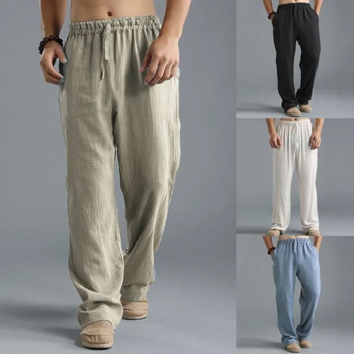 Men Cotton Linen Trousers Solid Color Elastic Waist Loose Long Trousers Men's Hip-hop Breathable Casual Pants
