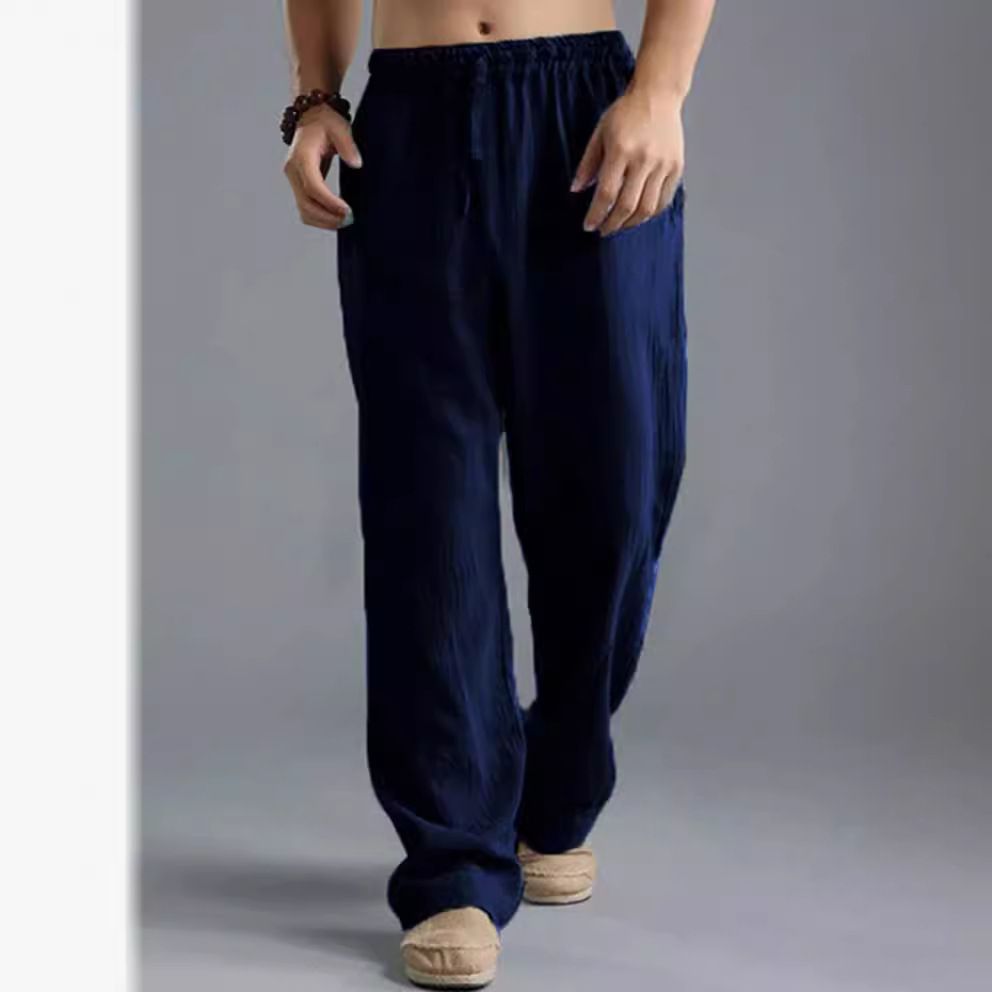 Men Cotton Linen Trousers Solid Color Elastic Waist Loose Long Trousers Men's Hip-hop Breathable Casual Pants