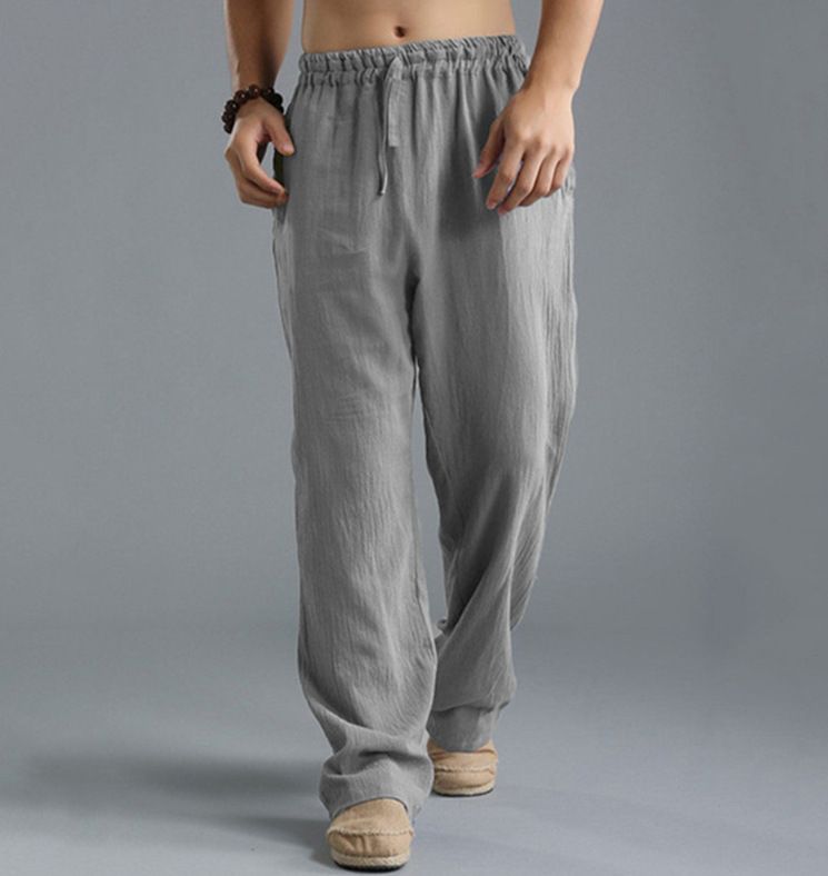 Men Cotton Linen Trousers Solid Color Elastic Waist Loose Long Trousers Men's Hip-hop Breathable Casual Pants