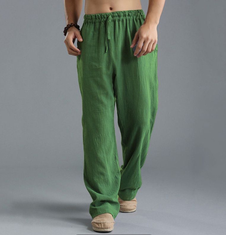Men Cotton Linen Trousers Solid Color Elastic Waist Loose Long Trousers Men's Hip-hop Breathable Casual Pants